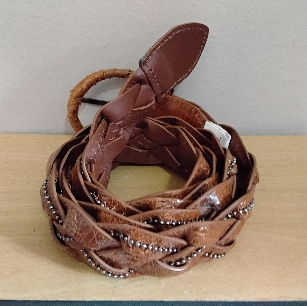 4/$20➡️ LA EXPRESS Cognac Brown Faux Leather Bead Trim Braided Belt – Size Large - Picture 5 of 11